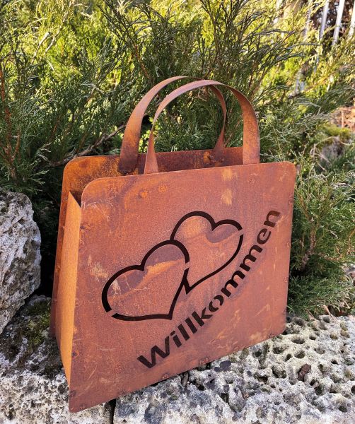Handtasche "Willkommen" mit Doppelherz zum Bepflanzen 37x32cm Edelrost