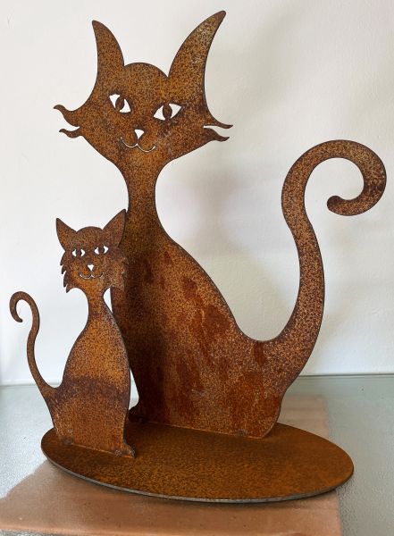 Katzen-Duo 40x36cm auf Platte Edelrost Katzenmutter mit Kitten