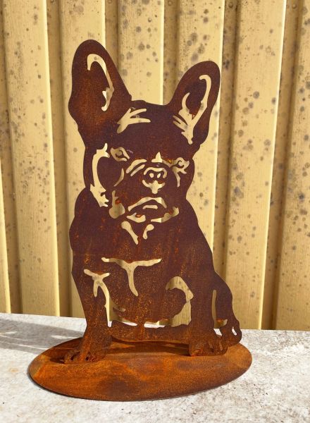 Hund Französische Bulldogge sitzend 30x18cm auf Platte Edelrost